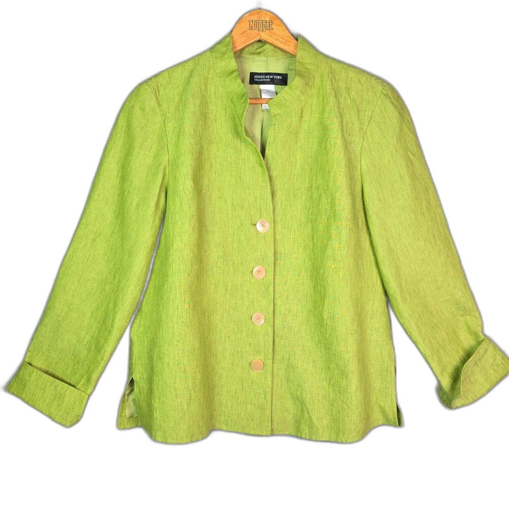 Jones New York Linen Jacket Green M Stand Collar Button Front Lightweight